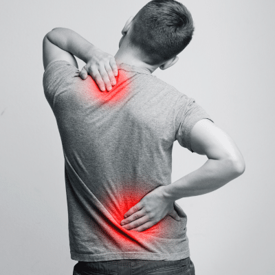 Illustration of a man's back showing points of back pain in red
