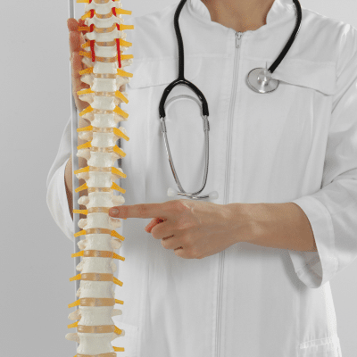 Spinal surgery myths debunked 3 Doctor pointing to plastic spine, illustrating spinal surgery