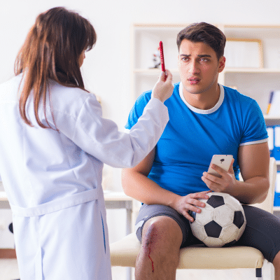 Preparing for a successful return to sports after injury 4 Sports doctor conducting eye test on male athlete, representing sports injury